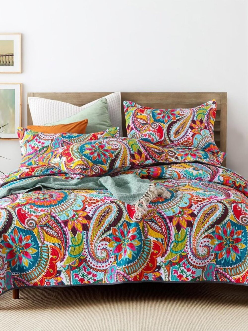 Queen Size Quilt Bedding Set, 100% Cotton Boho Quilted Bedspread Set, Vibrant